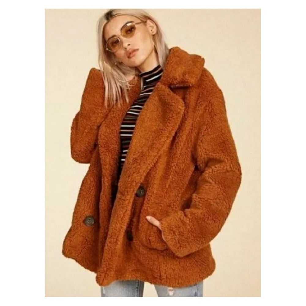 Free People Boho Fuzzy Teddy Jacket XS Tan Brown